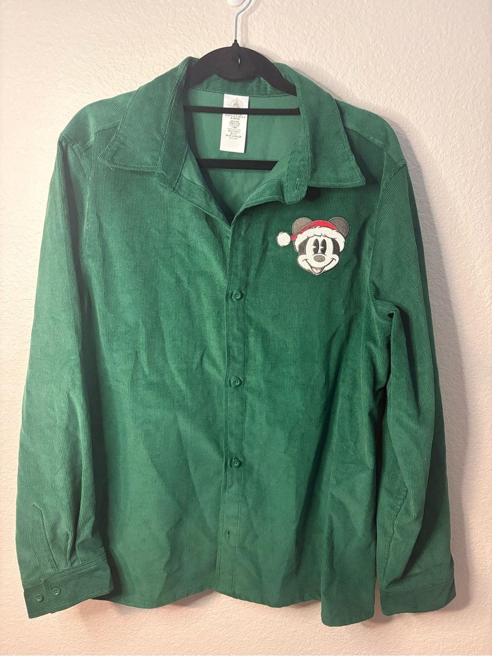 Disney Green Corduroy Button-Down Shirt with Christmas Mickey Patch